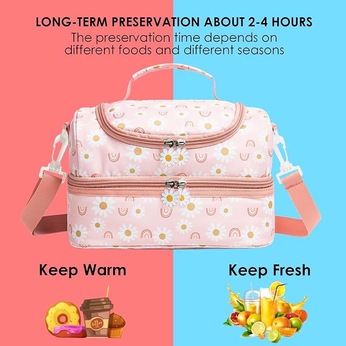 Insulated Kids Dual Compartment Lunch Bags Tote for Girls Boys Toddler Lunch Boxes Pre-School Toddler Kindergarten Elementary Picnic Food Cooler Thermal with Strap (Rainbow Daisies)