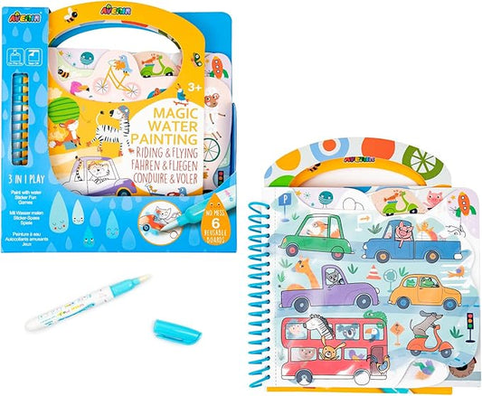 Avenir Reusable Water Coloring Book for Toddlers 3-5 – Mess-Free Paint-with-Water Travel Toy Airplane Activities Road Trip Quiet Book, Water-Reveal Activity Pad, 3-in-1 Creative Set
