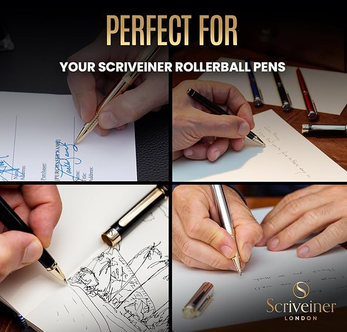 Scriveiner Rollerball Refill Blue Broad - 4 Rollerball Refills Designed for Scriveiner Pens - Safety Ceramic Non Dry Roller Pen Refill B - Schmidt 888 Size – Made in Germany