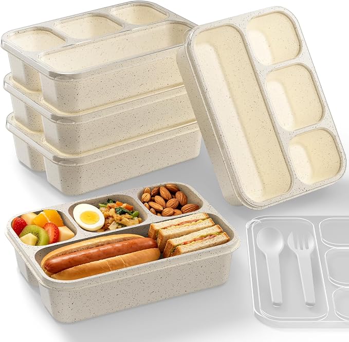 Bento Box 5-Pack, 4-Compartment Lunch Box for Women, Men & Kids, BPA-Free Wheat Straw Snack Containers, Ideal for Meal Prep, Travel, School, Work (White)