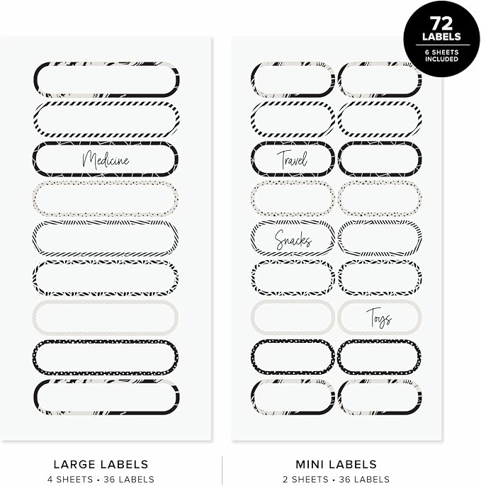 ThreeKin Waterproof Labels for Bottles and Containers - Custom Stickers - All-Purpose and Personalizable - Dishwasher, Freezer and Microwave Safe - BPA-Free - USA-Owned (Black and White, 72pcs)