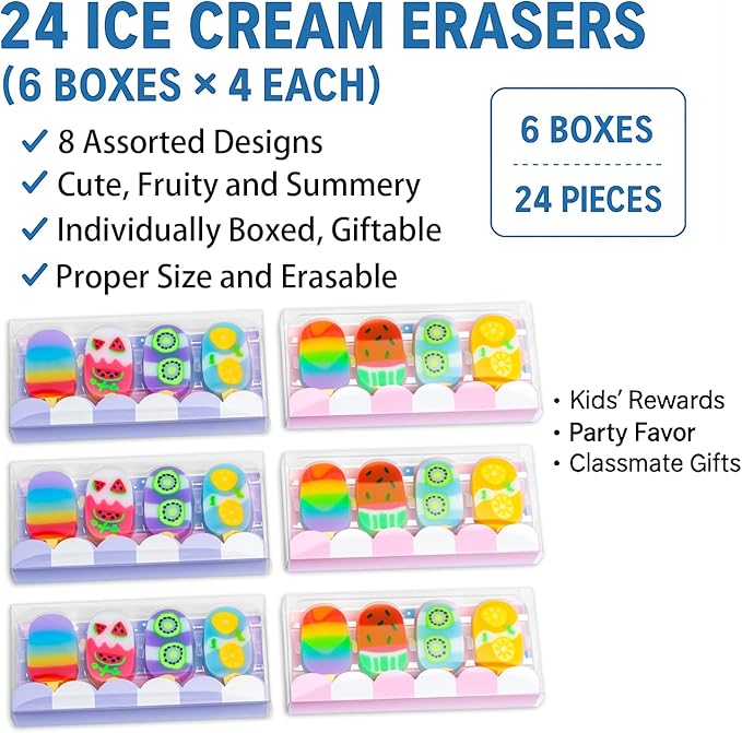 Ice Cream Erasers, 24 Pack – Cute Fruit Popsicle Shaped Pencil Erasers for Kids, Fun School Supplies, Classroom Rewards, Party Favors, Homework Prizes