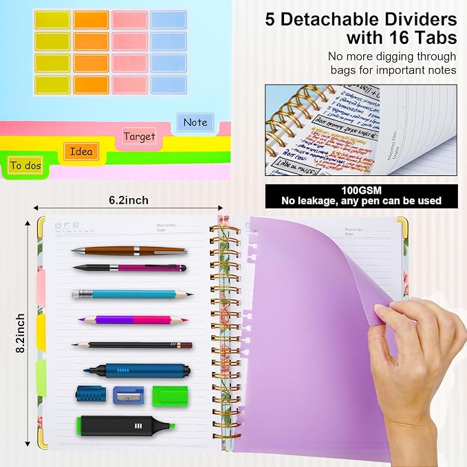 Spiral Journal Notebooks for Work, 300 Pages 5 Subject Notebook College Ruled with Dividers & Tabs, A5 Notebook Journal for Women Students Note-Taking and Organizer (Blushing Rose)