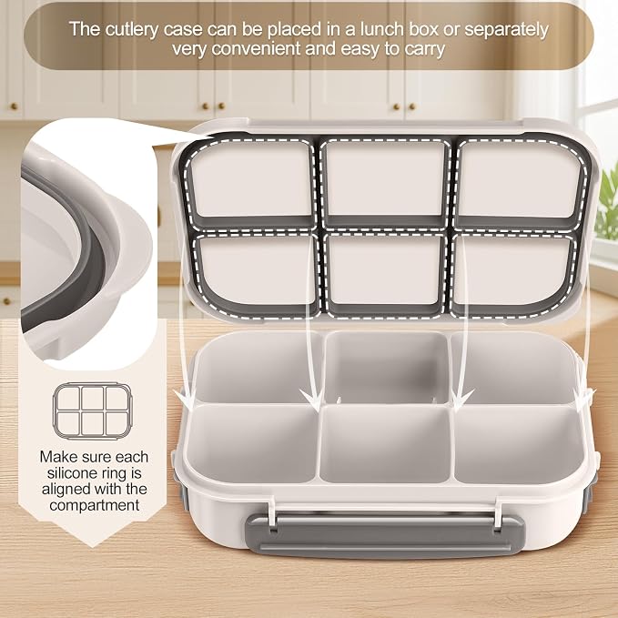 Amathley Lunch Box Kids Girls Boys,Bento Box Adult,Toddler Lunch Containers for School,Leakproof Snack Containers with 6 Compartments,Sauce Container,10 Food Picks and 4 Muffin Cups (White)