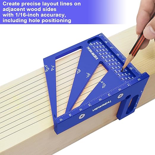 3D Multi Angle Measuring Ruler Aluminum Alloy Woodworking Square,Versatile Square Tool with Preset Angles from 22.5° to 90° Ideal Layout Tool for Carpentry, Engineering & DIY Projects