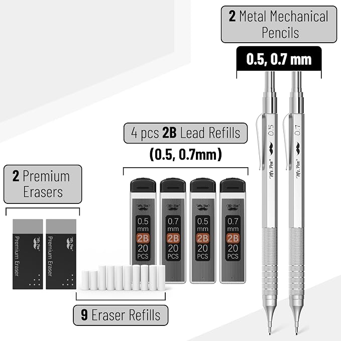 Mr. Pen- Metal Mechanical Pencil Set with Lead Refills & Erasers, 2 Pack | 2 Sizes, 0.5 & 0.7mm, 4x Tubes 2B Lead Refill, 2x Erasers for School Supplies, Note Taking, Drawing, Sketching, Office