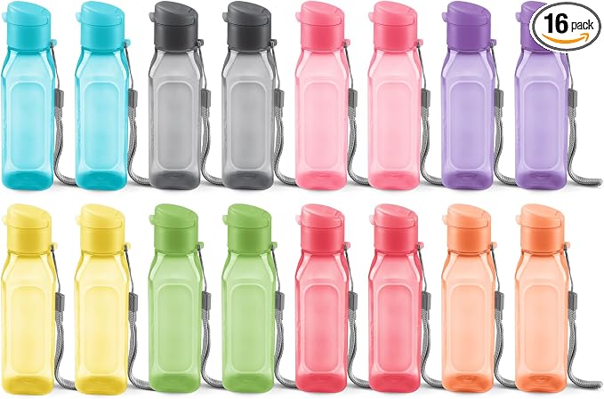 Bulk Set of 16 Multicolor 10oz Water Bottles for Kids and Adults - Leak Proof With Carry Strap - Square Reusable for Juice, Drinks - BPA-Free Dishwasher-Safe