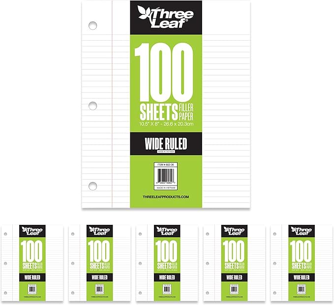THREE LEAF 100 SHEETS WIDE RULED FILLER PAPER, PACK OF 6, LOOSE-LEAF SHEETS FOR SCHOOL AND OFFICE 100 CT. FILLER PAPER, NOTEBOOK PAPER