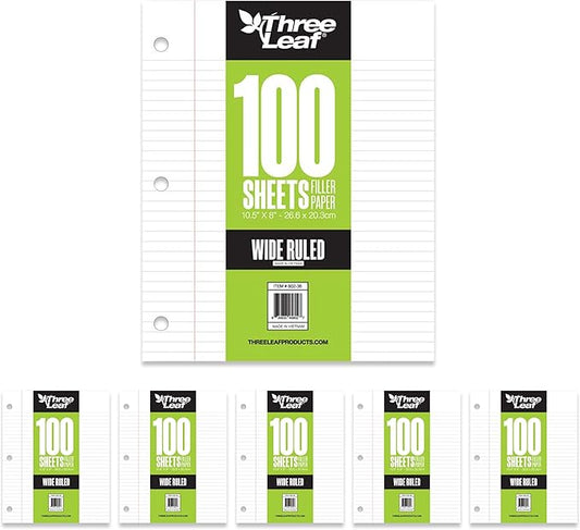 THREE LEAF 100 SHEETS WIDE RULED FILLER PAPER, PACK OF 6, LOOSE-LEAF SHEETS FOR SCHOOL AND OFFICE 100 CT. FILLER PAPER, NOTEBOOK PAPER