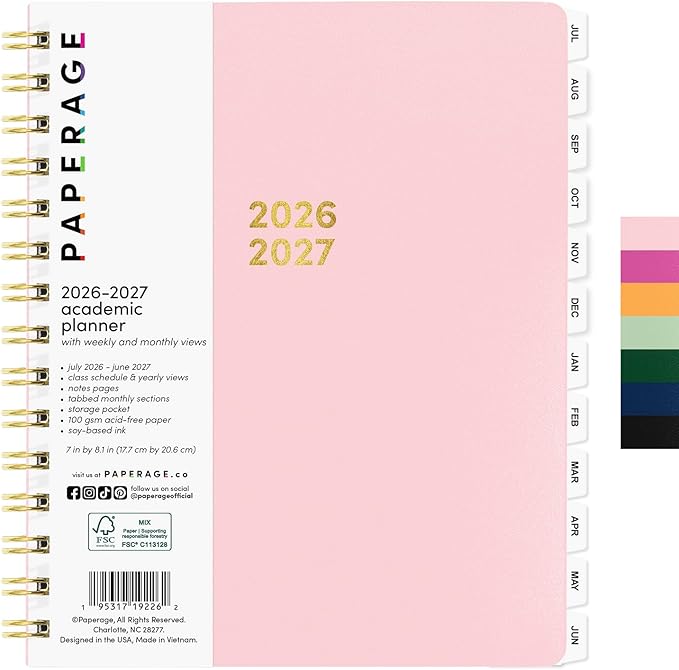 PAPERAGE Academic Planner, Weekly & Monthly Planner & Calendar, 12-Months, July 2026 - June 2027, (7" x 8"), School & Student Planning Agenda with Tabs, Bonus Pages & Inner Pocket, Pink