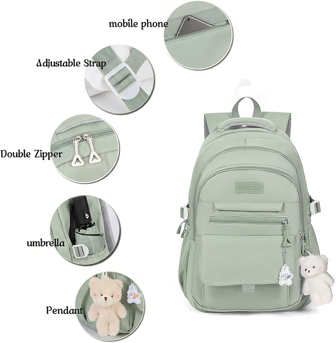 PRLINJSK Girls Backpack for College High Middle School Student, Cute Aesthetic Bookbag for Teens Women with Accessories,Green