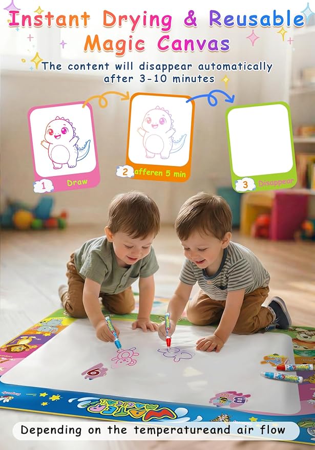 Wedopro Water Doodle Mat 40x30” - Mess-Free Toddler Toys for Ages 3-7 with 27 Pcs | Educational Drawing & Painting Mat for Kids with 24 ABC & Animals | Birthday Gift for Boys & Girls