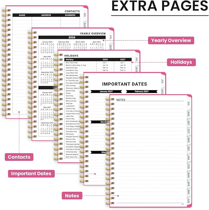 Planner 2026-2027 for Women & Men, Academic Monthly and Weekly Calendar Planner, Jul 2026 - Jun 2027, A5 (6.3" x 8.5"), Teacher Student Planning Book with Tabs, Ideal for Office School Supplies - Berry Pink