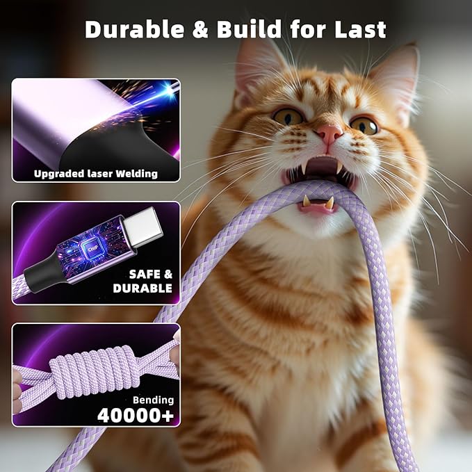 2Packs 4FT Multi Charging Cable with 2 USB-C/IP Port, Purple Charging Cords for Multiple Devices, USB C Splitter Cable, Universal Charger Cord Car Accessories for iPhone17-8, Androids iPad and More