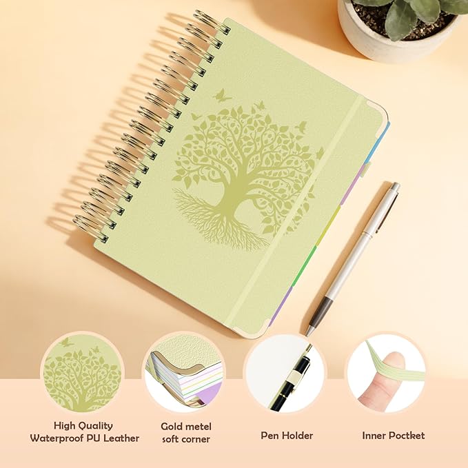 QIYVLOS Hardcover Spiral Notebook, A5 Journal with Removable Dividers Tabs, 5 Subject Notebook College Ruled, 320 Pages 6"x8" Leather Notebooks for Work School Study, Lined Journal for Women, Yellow