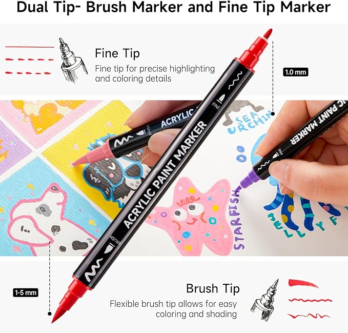 Shuttle Art 80 Colors Dual Tip Acrylic Paint Markers, Brush Tip and Fine Tip Acrylic Paint Pens for Rock, Ceramic, Wood, Canvas, Plastic, Glass, Stone, Calligraphy, Card Making, DIY Crafts