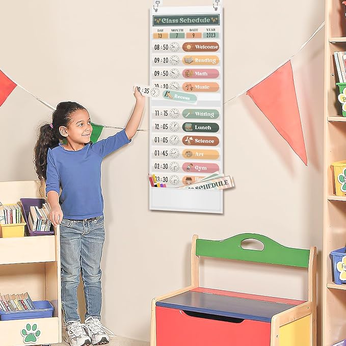 Boho Daily Schedule Pocket Chart for Classroom with 24 Cards，Welcome Back to School Classroom Decorations, White