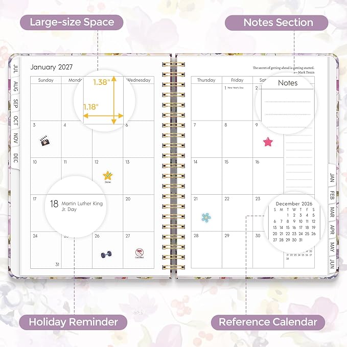 KONVINIT Academic Planner 2026-2027, Purple Monthly Planner 2026-2027, 12 Months Daily Weekly Planner with Tabs for Student Teacher, A5 (6.1" x 8.5") Planner 2026 for Home, Office, School Supplies