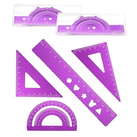 PATIKIL 8 Pcs Geometry Drafting Tool, Aluminum Alloy Geometry Kit Math Tool Includes 15cm L Ruler Protractor Triangles for Drafting Angle Measure Simple Science Experiment, Purple
