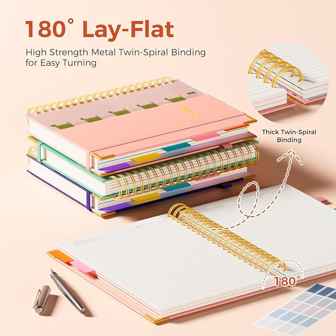 XYark A4 Hardcover Spiral Notebook, 8.5"x11" College Ruled Notebooks with Removable Dividers Tabs & Ruler, 5 Subject Notebook 300 Pages, Large Lined Journal for Women School Work Office, Light Pink