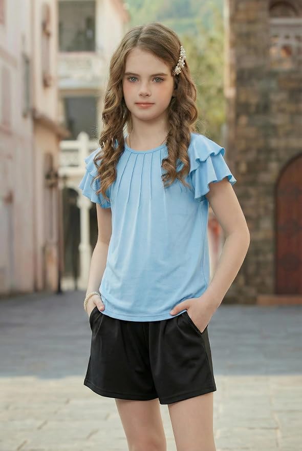 Arshiner Girls 2 Piece Outfits Summer Ruffle Sleeve Top and Paperbag Waist Shorts Set with Pockets Size 5-13 Years