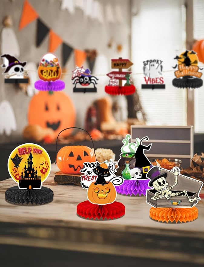 10Pcs Halloween Party Decorations Honeycomb Centerpiece - Halloween Table Decorations Spooky Orange Black Table Centerpieces Pumpkin Ghost Witch Table Topper Decor Indoor Outdoor Supplies
