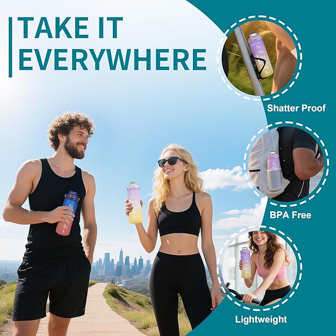 Gulex Motivational Water Bottle 32oz with Time Marker- Leakproof & BPA Free Sports Water Bottle with Straw & Carry Strap for Gym, Travel and Outdoor Sports (Purple/Yellow Gradient)