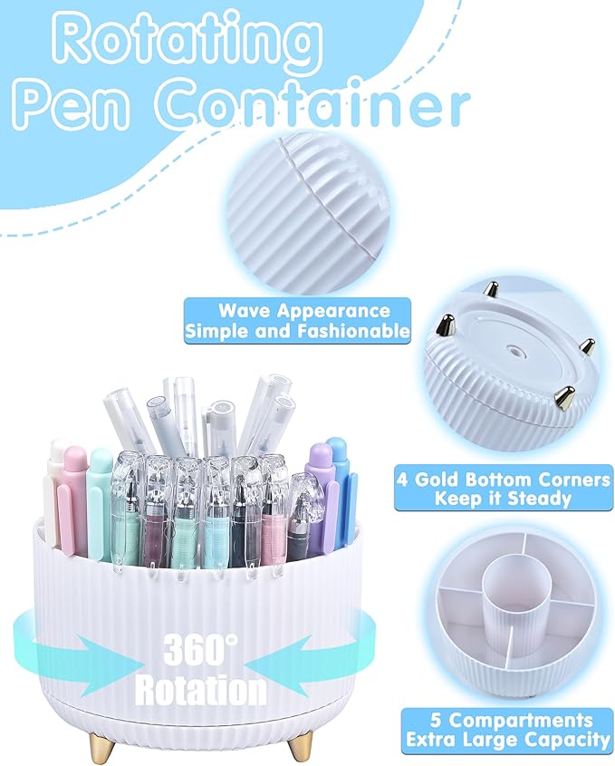 LXEVIHK White Desk Accessories, Office Supplies 360°Pen Holder Desk Organizers, With Tape Dispenser, Stapler, Staple Remover, Ect, Infuse Your Space With Porcelain Serenity, Back to School
