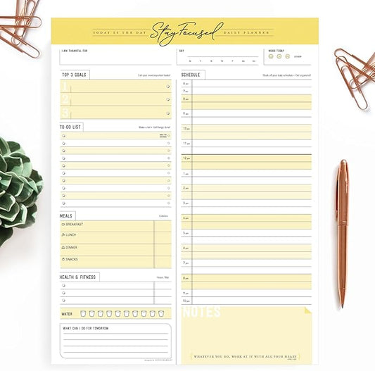 Daily Notepad Planner To Do Schedule - Stay Focused 50 Tear off Premium Made USA (Yellow Mango)