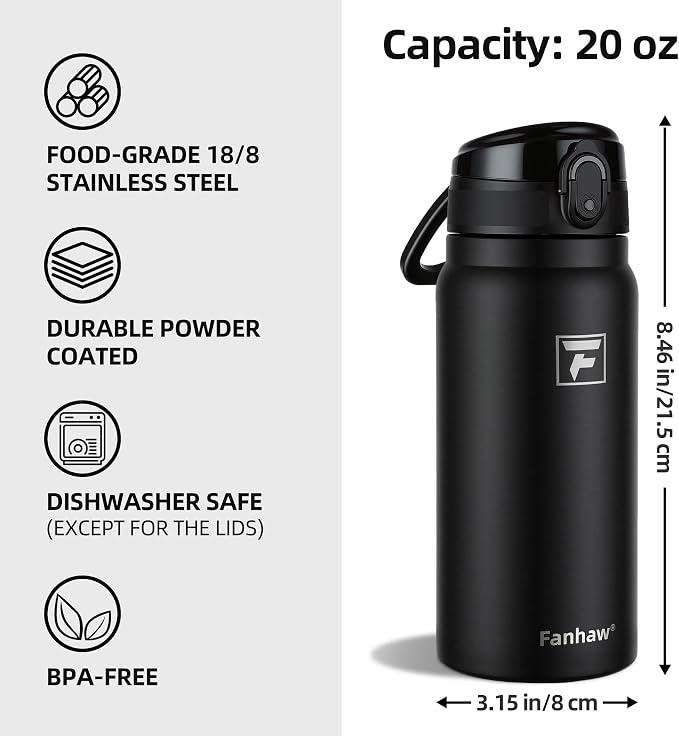 Fanhaw 20 Oz Insulated Stainless Steel Water Bottle with Chug Lid – Wide Mouth, Leak-Proof, BPA-Free – Ideal for Kids, Adults, Sports, Gym, and Outdoor Use (Black)