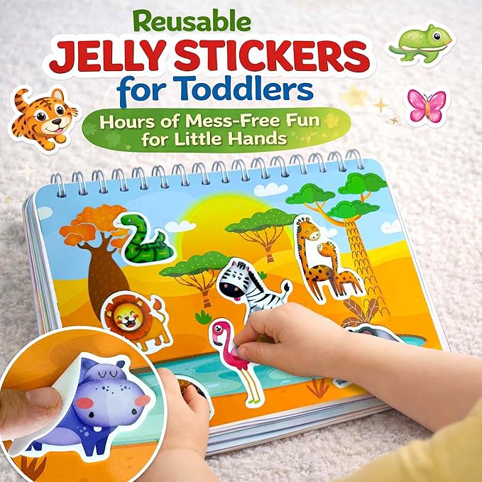 QUOKKA Jelly Sticker Books for Toddlers 1-3, 10 Animal Topics, 40+ Large Thick Reusable Stickers, Waterproof Washable Toddler Activity Busy Book, Learning Toys for Shapes Colors Matching Animals
