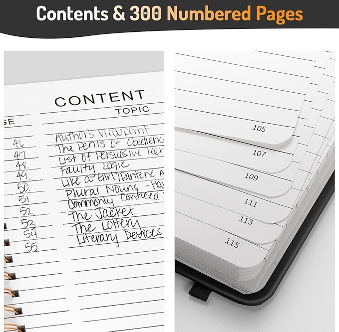 Forvencer Lined Spiral Journal Notebook with 300 Numbered Pages, A5 Thick Journals for Writing with 100GSM Paper, Hardcover Notebooks with Contents for Work, School, Women, Men, Black