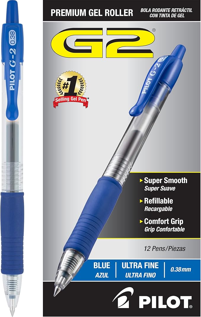 PILOT G2 Premium Refillable & Retractable Rolling Ball Gel Pens, Ultra Fine Point, Blue Ink, 12-Pack (31278)