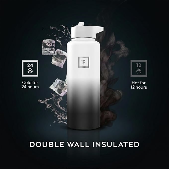 IRON °FLASK 40 oz Wide Mouth Water Bottle with Straw | Insulated Stainless Steel Sports Water Bottle with Leakproof Straw Lid - BPA Free, Cold 24 Hrs, Sweat Free (Day & Night)
