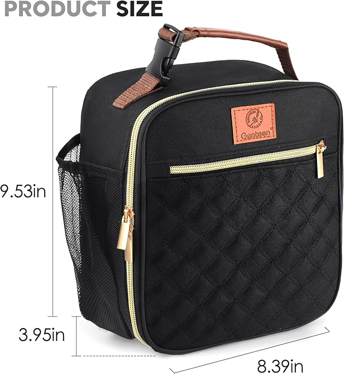 Genteen Lunch Box Reusable Lunch Bag for Men Women Kids Adults,Insulated Lunch Bag Waterproof Lunch Boxes Cooler,Small LunchBox With Side Pockets for Work Office School Travel Picnic-Black