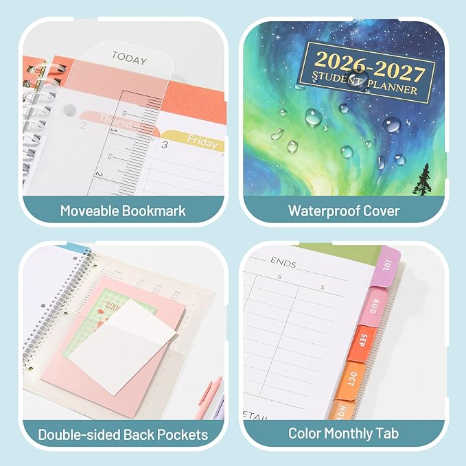 Student Planner 2026-2027, SUNEE Middle or High School Datebooks Student Planner for Academic Year Jul. 2026 - Jun. 2027, 6.5" x 8.3" Lesson Plan Book with Bookmark, Planning Stickers, Aurora Sky