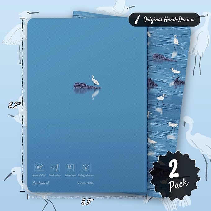 Stitched Composition Notebooks 2-Pack with Unique Art Designed Cover, A5 Lined Diary (8.2"L*5.5"W), Lay Flat Design, Thicked Paper Writes Smoothly for School and Office (Seagull)