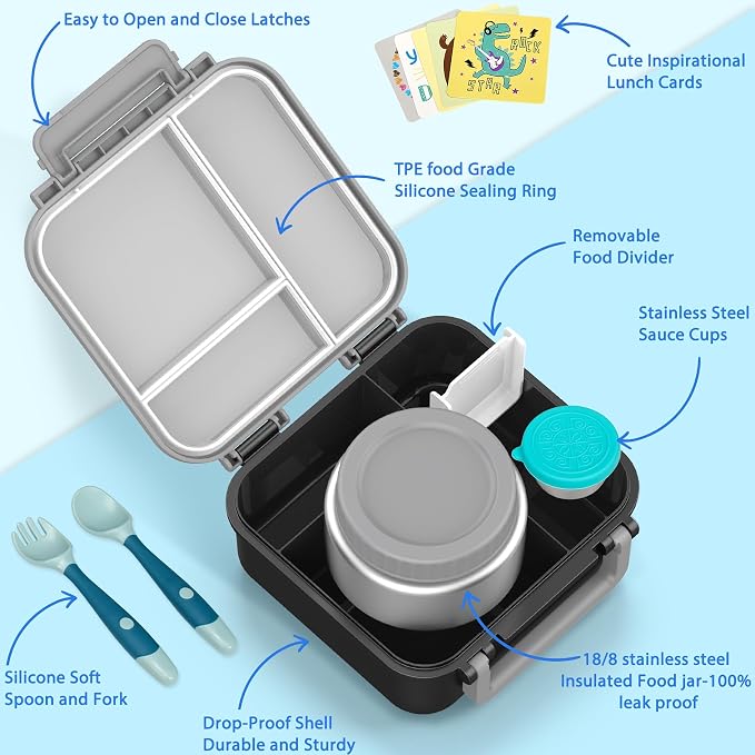 Kids Bento Lunch Box with 9oz Soup Thermo Leakproof Lunch Food Containers 4 Compartment with Insulated Hot Food Jar for Kid Toddler Girls Boys to School, Trvael