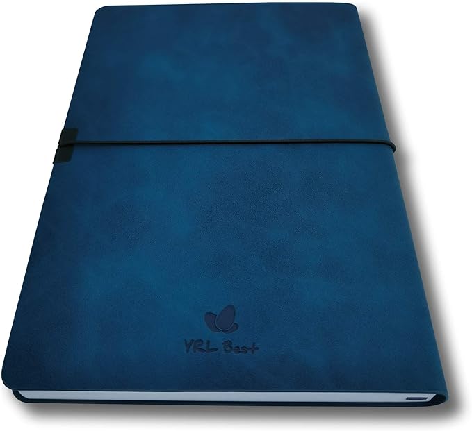 Softcover Bullet Notebook Journal, Dotted/Dot Grid, A5, 5.8x8.3 Inches, Premium Faux Leather, Creamy Thick Paper, Sewn Bound, Elastic Band, Inner Pocket, Pen Loop, Lays Flat, Navy Blue