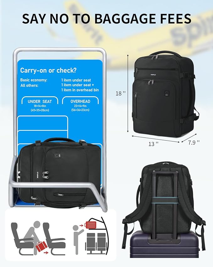 ECOHUB Travel Backpack for Men, 18x14x8 Spirit Airlines Personal Item Bag with Clear Toiletry Bag, Laptop Carry on Backpack with USB Port, Airline Approved Under Seat 14 Pockets 30L, Black