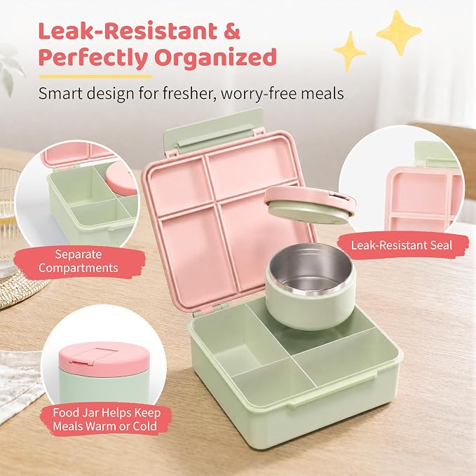 Bento Lunch Box with 8oz Soup Thermo, Kids Leakproof Lunch Food Containers with 4 Compartment, Kids Thermo Insulated Hot Food Jar for School, Trvael (Green-Pink)