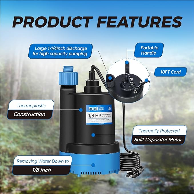 1/3 HP Submersible Water Pump 2400GPH Small Sump Pump Thermoplastic Electric Portable Transfer Utility Pump Clean for Swimming Pool Basement Garden Pond