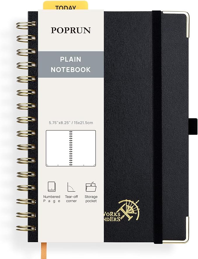 POPRUN Blank Spiral Journal Notebook, A5 Hardcover Sketch Books, 141 Pages Unlined Journals for Women Men, 120 GSM Plain Notebooks for Sketching, Drawing, Painting, 5.75'' x 8.25'', Black