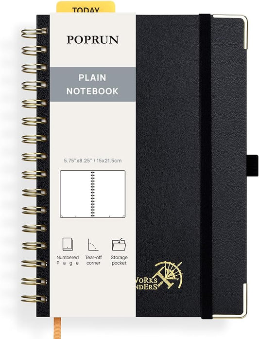 POPRUN Blank Spiral Journal Notebook, A5 Hardcover Sketch Books, 141 Pages Unlined Journals for Women Men, 120 GSM Plain Notebooks for Sketching, Drawing, Painting, 5.75'' x 8.25'', Black