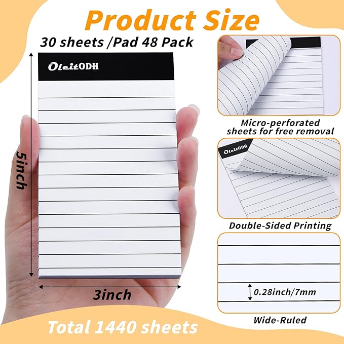 Oleitodh 3x5 Notepads – 48 Pack White Memo Pads Small Writing Pads with Perforated Lined Pages, Mini Note Pads 30 Sheets per Lined Note Pads 3x5, Pocket Notepads for Office School Home Supplies