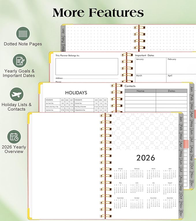 2026 Planner, Hardcover Leather Weekly and Monthly Planner, January 2026 - December 2026, Spiral Yearly Agenda Organizer Book 2026 with Tabs, Daily Calendar Planners for School Work Home, A5 (5.75" x 8.38"), Pink