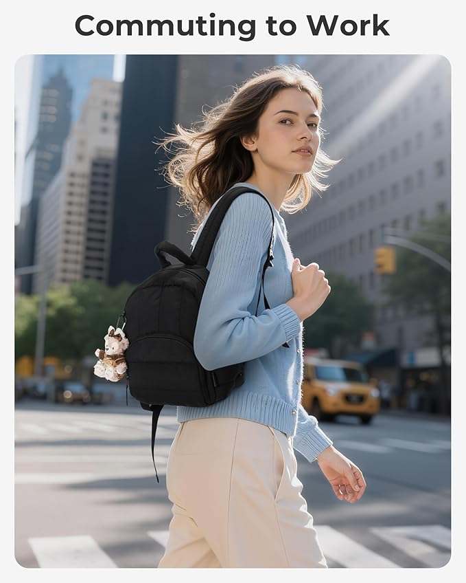 BAGSMART Mini Backpack for Women, Lightweight Puffer Small Backpack Purse, Quilted Casual Travel Daypack, Cute Water-Resistant Bookbag for Daily, Black