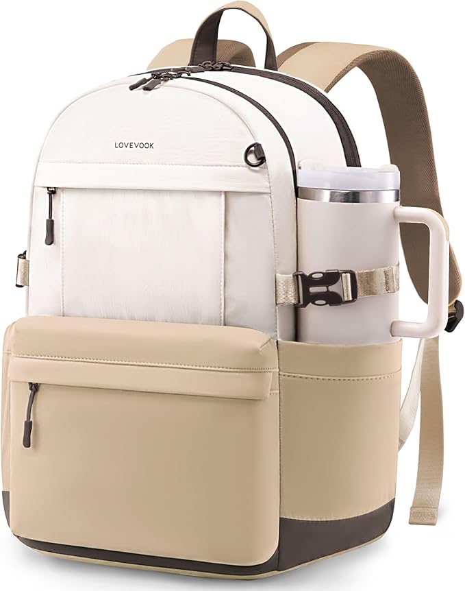 LOVEVOOK Laptop Backpack for Women with Giant Tumbler Holder,15.6 Inch Laptop Computer Bag Travel Backpack Purse,Waterproof Work Business Backpack College Bookbag Teacher Bags,Beige-Khaki-Coffee