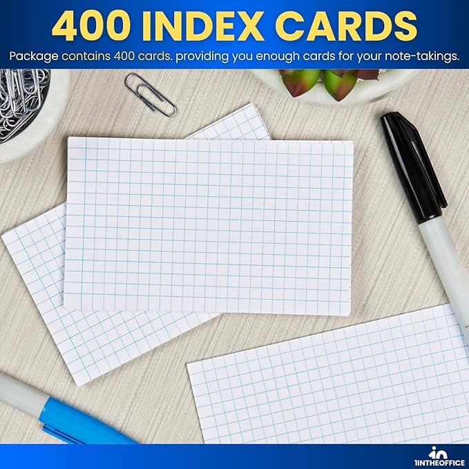 1InTheOffice Graph Ruled Index Cards 3x5, Index Cards Grid Ruled, Lined Notecards 3x5, White, 400 Pack