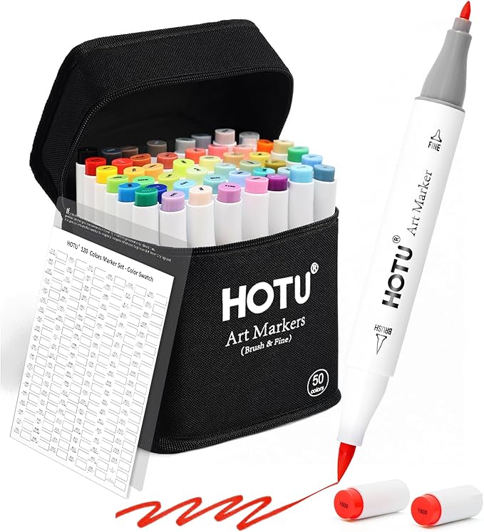 HOTU Alcohol Markers Brush Tip -50 Colors Brush & Fine Dual Tip Art Markers for Adult Coloring Books, Refillable Alcohol Based Marker Set with Anti-Bleeding Pad, Case & Swatch for Artists, Beginners